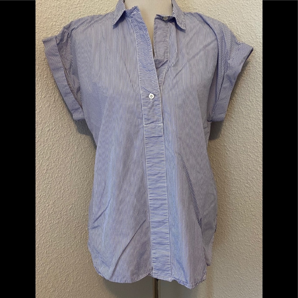 J. Crew Blue White Pinstripe Cap-Sleeve Button Shirt - Picture 6 of 15